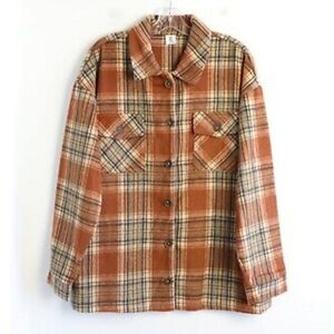 Oversized Plaid Shirt Jacket Women's Large Orange Brown New